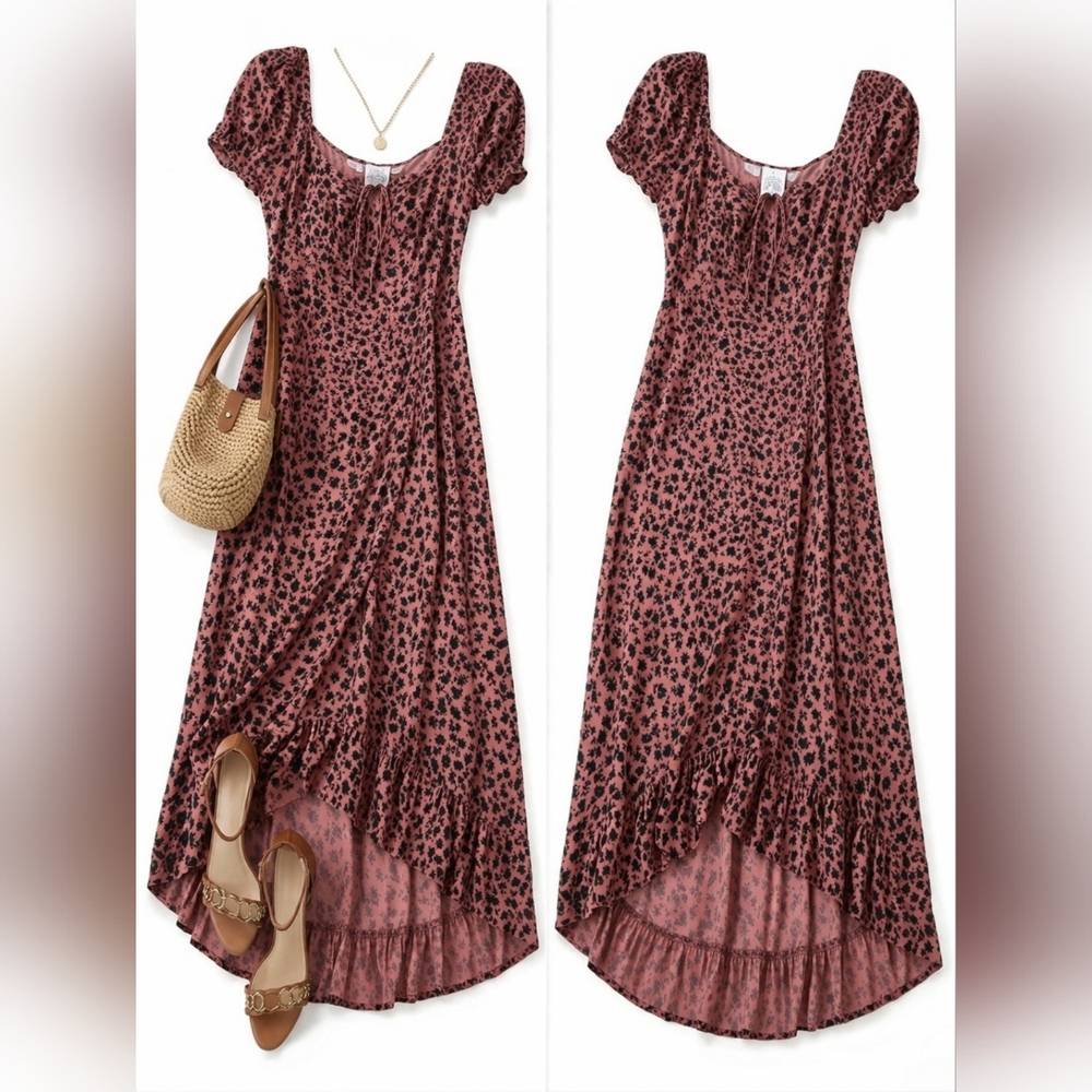 Women's Dusty Rose Floral Maxi Dress with Puff Sleeves
